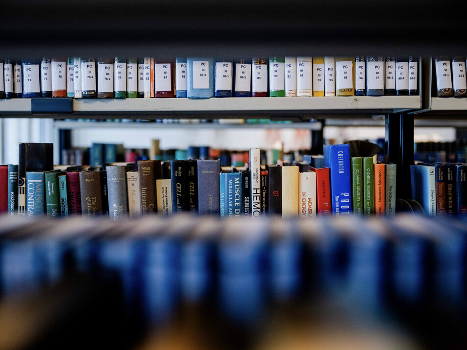 Bücherregal in der Bibliothek der Ruhr-Universität Bochum für Studierende der medizinischen Fakultät.